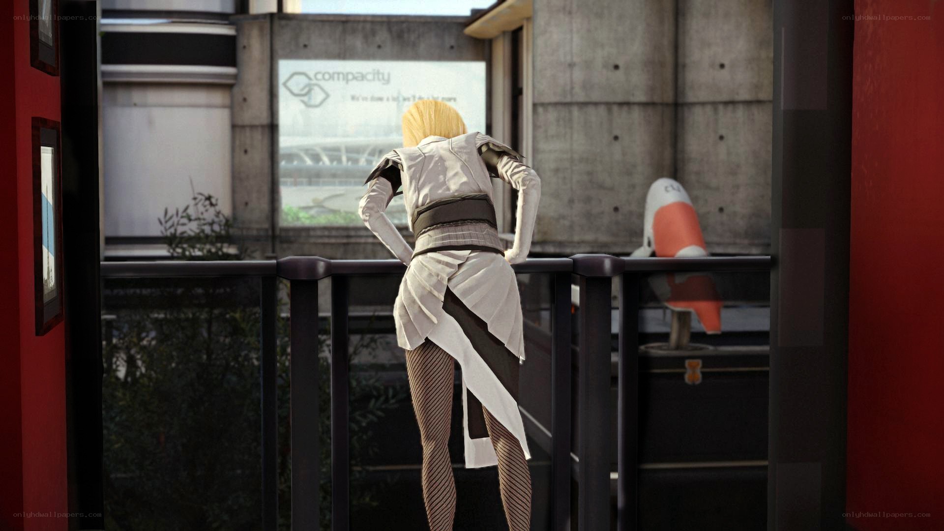 character on balcony overlooking city