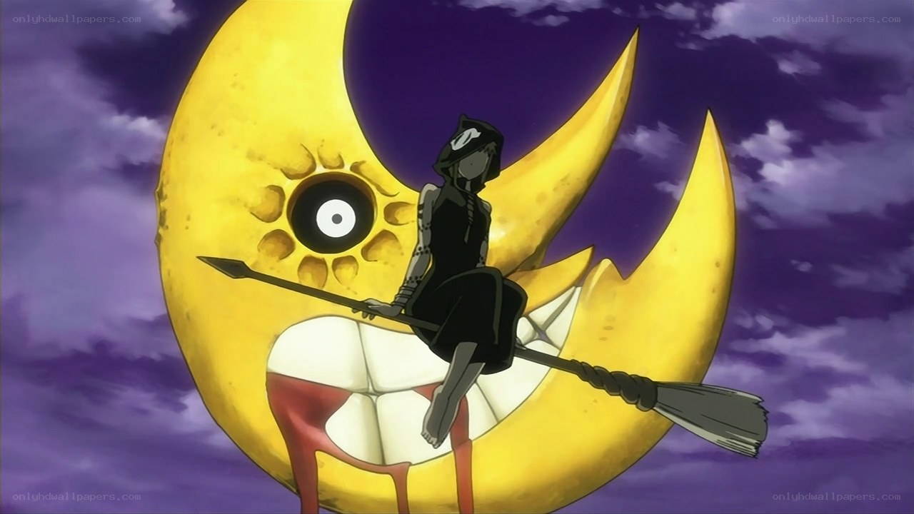 character on broomstick with moon