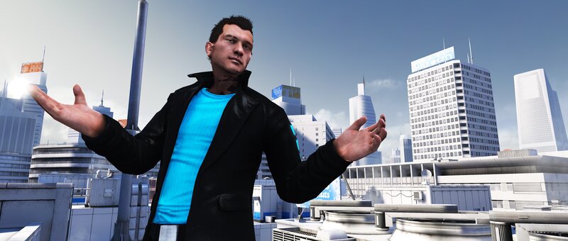 character on city rooftop