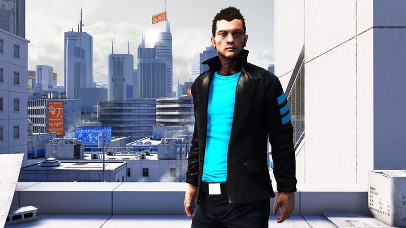 character on city rooftop