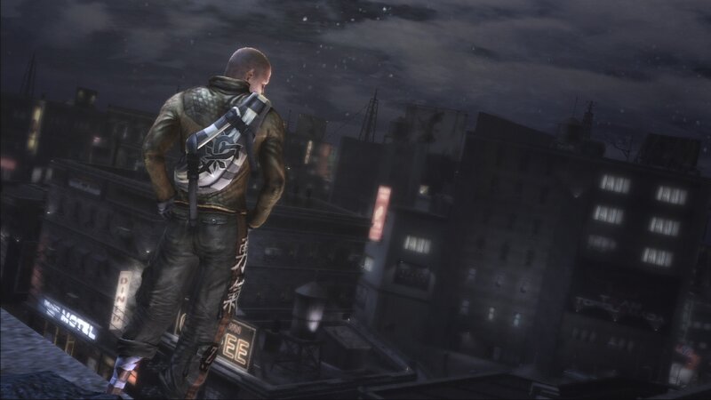 character on city rooftop at night