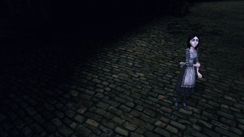 character on cobblestone street