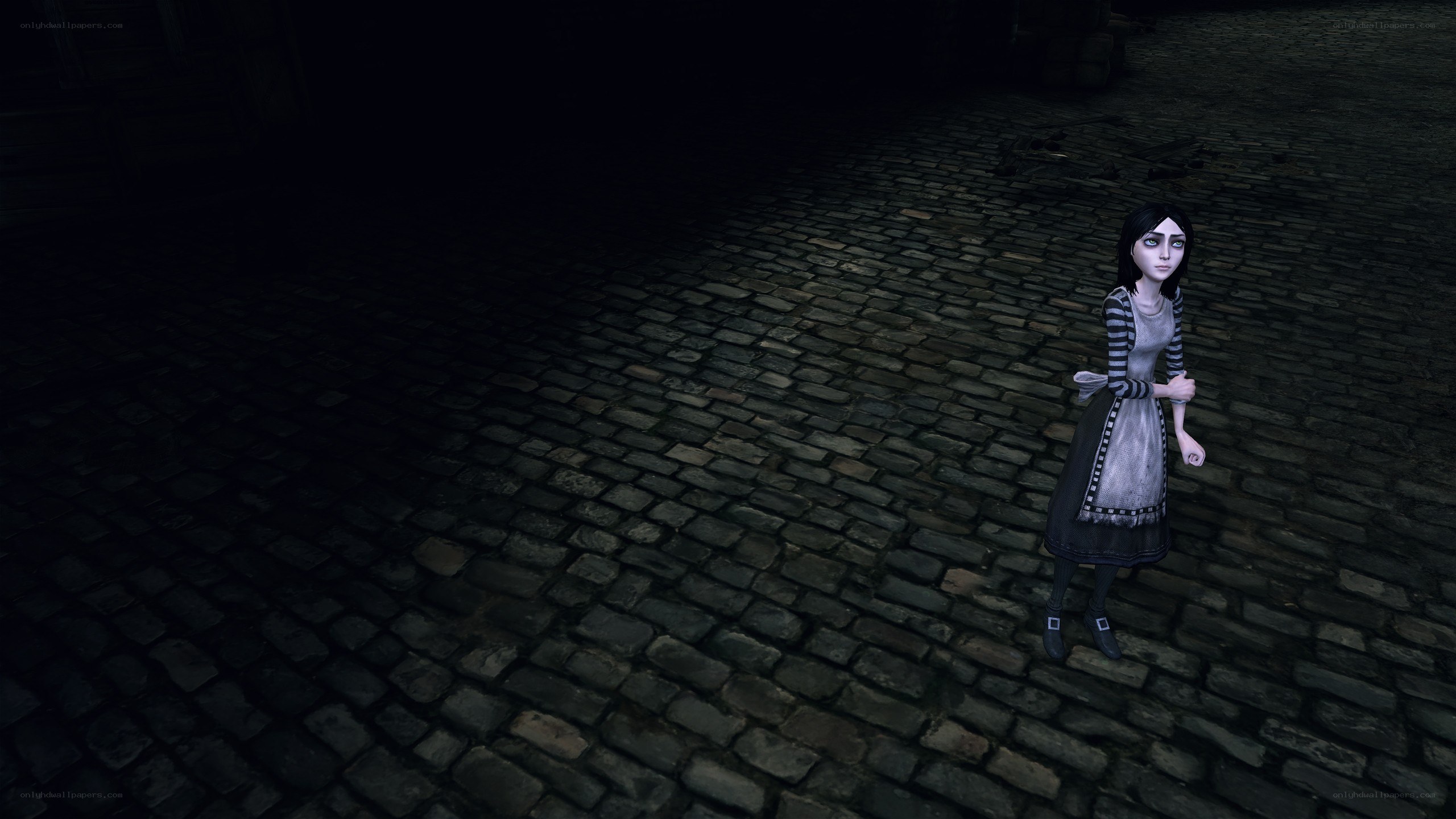 character on cobblestone street