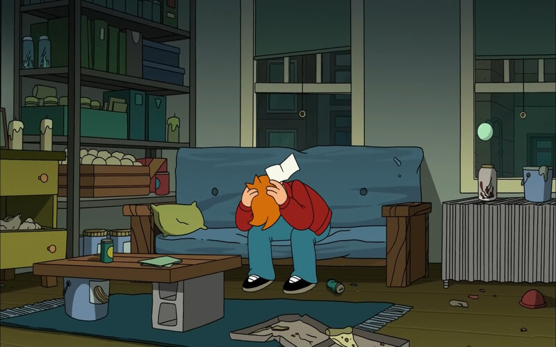 character on couch with cat