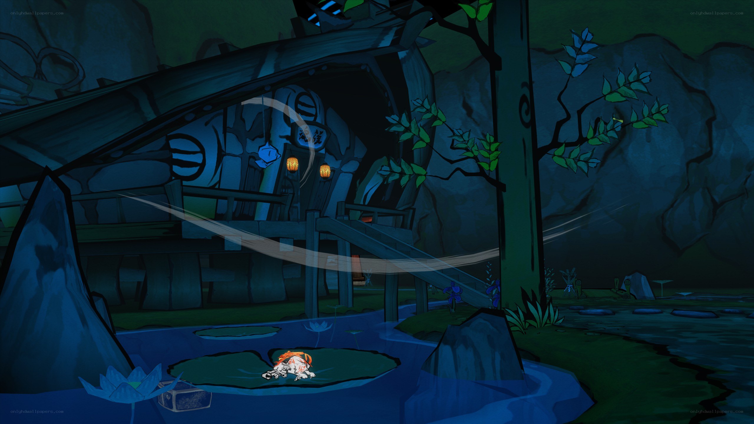 character on lily pad at night