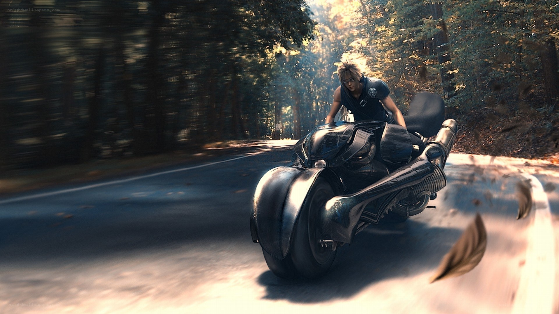 Character on motorcycle in forest