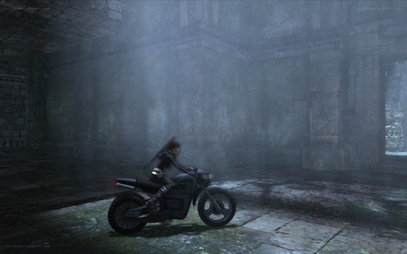 Character on motorcycle in ruins