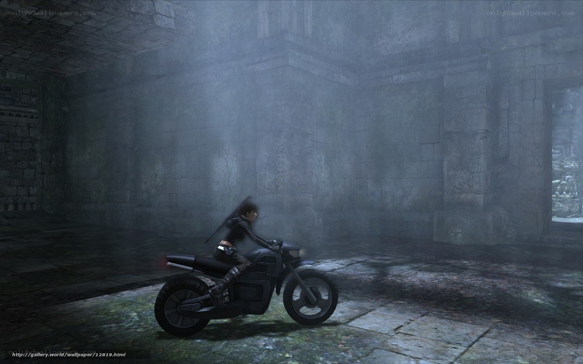 Character on motorcycle in ruins
