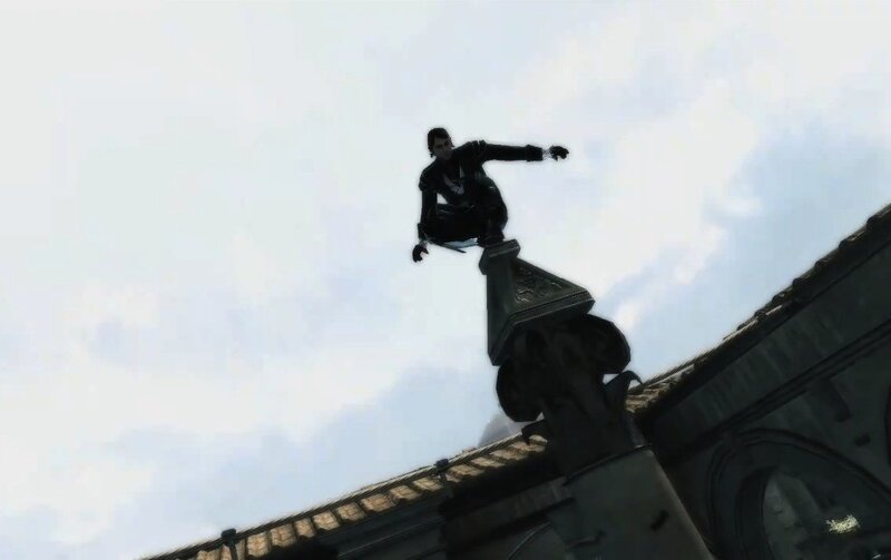 character on rooftop edge
