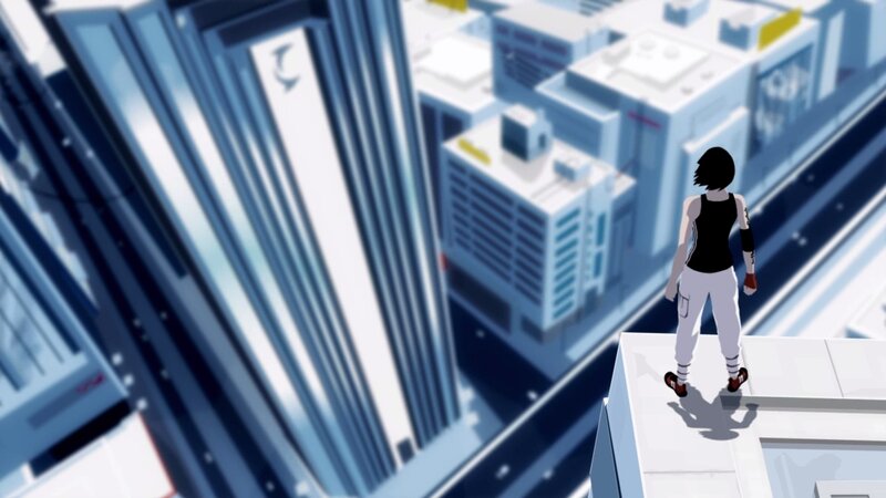 character on rooftop overlooking city