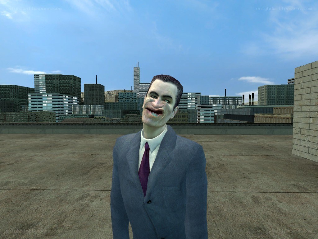 character on rooftop with city view