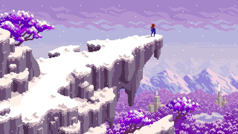 Character on Snowy Cliff — Purple, Serene