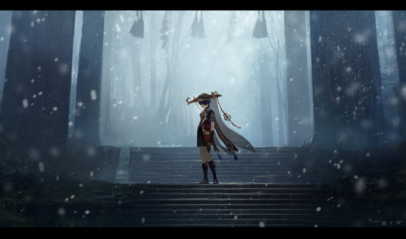 Character on Stone Steps — Blue