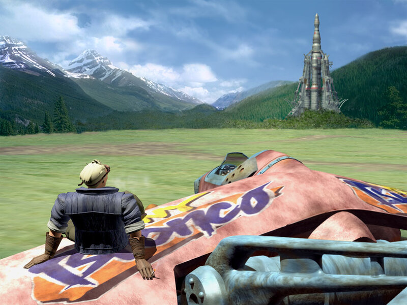 character on vehicle in mountain landscape