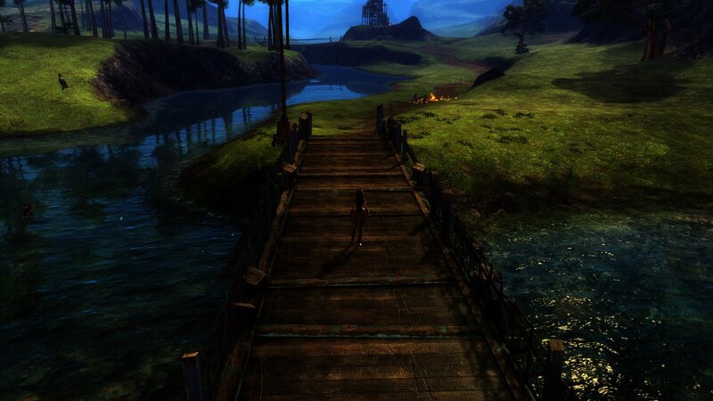 Character on Wooden Bridge — Green, Serene