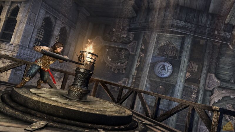 character operating a lever in a tower