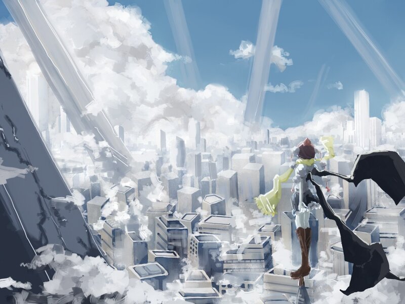 Character overlooking a ruined city