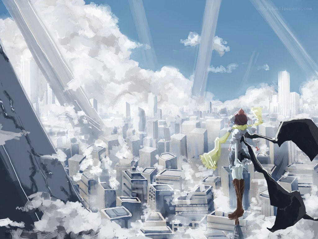 Character overlooking a ruined city