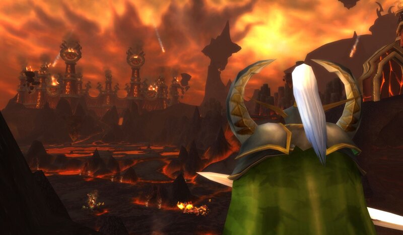 character overlooking a volcanic city