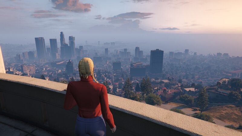 Character Overlooking City — Blue, Serene, Sunset