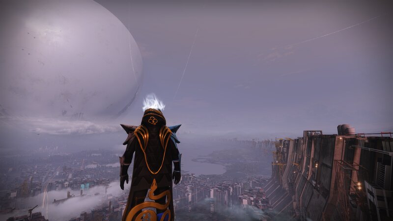 Character Overlooking City — Gray, Dramatic