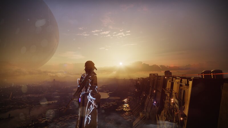 Character Overlooking City — Orange, Dramatic