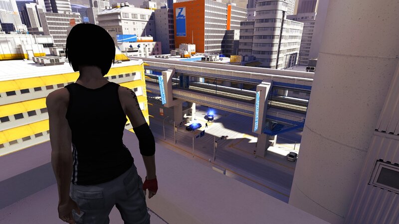 character overlooking cityscape