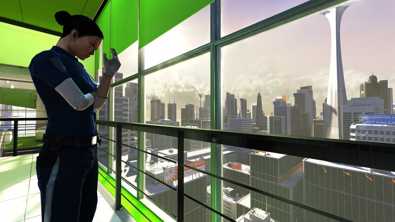character overlooking cityscape