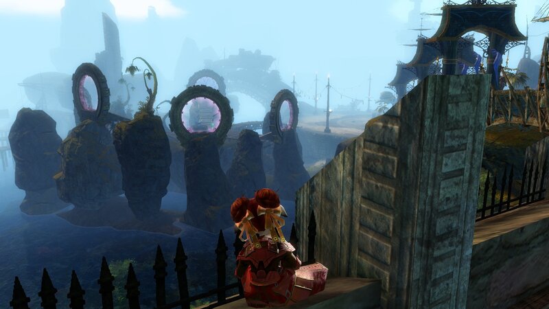character overlooking floating islands