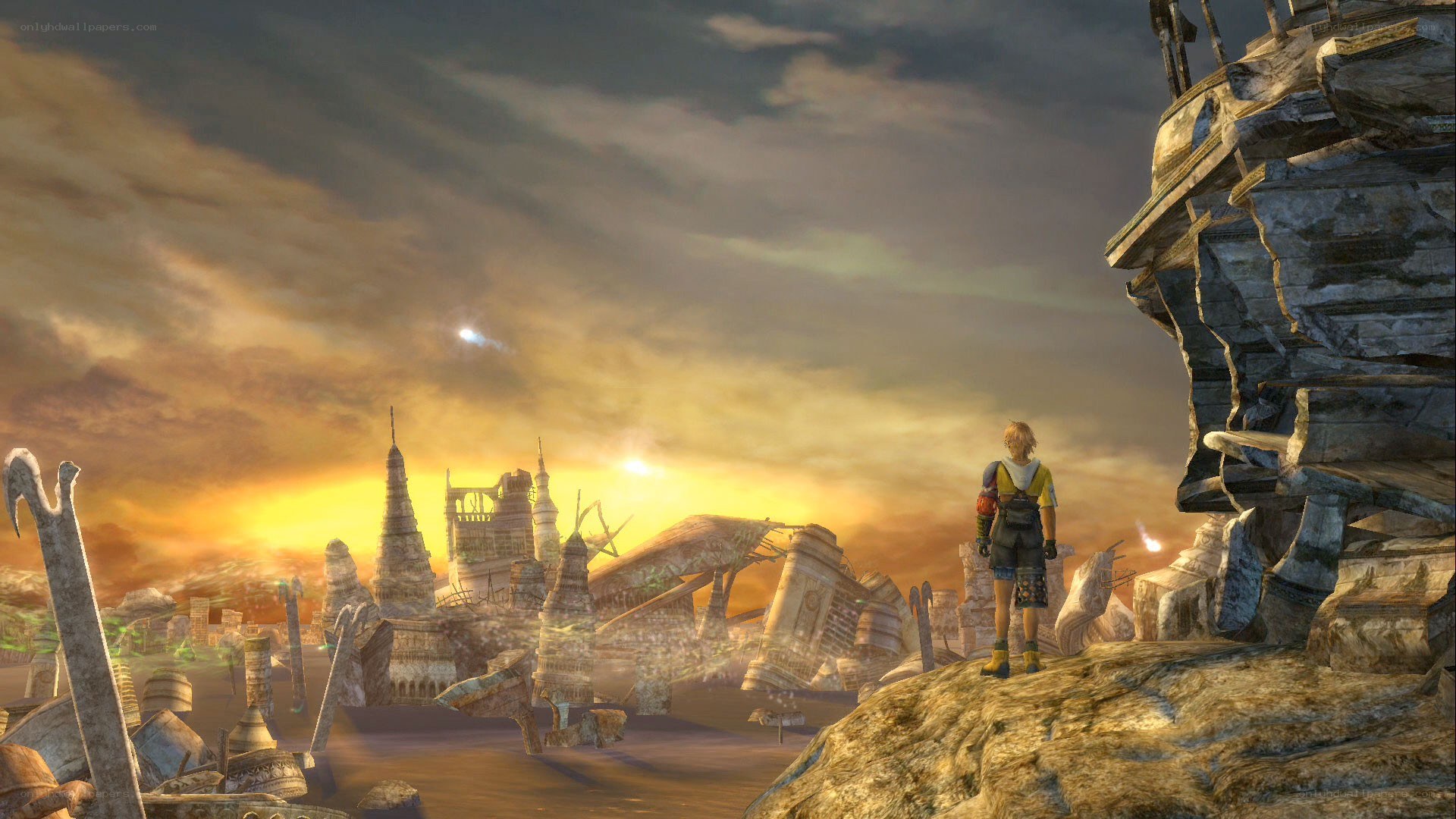 character overlooking ruined city