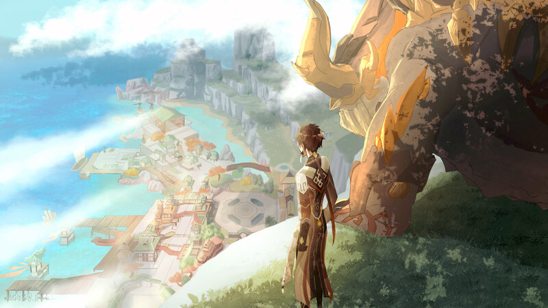 Character Overlooking Village — Blue