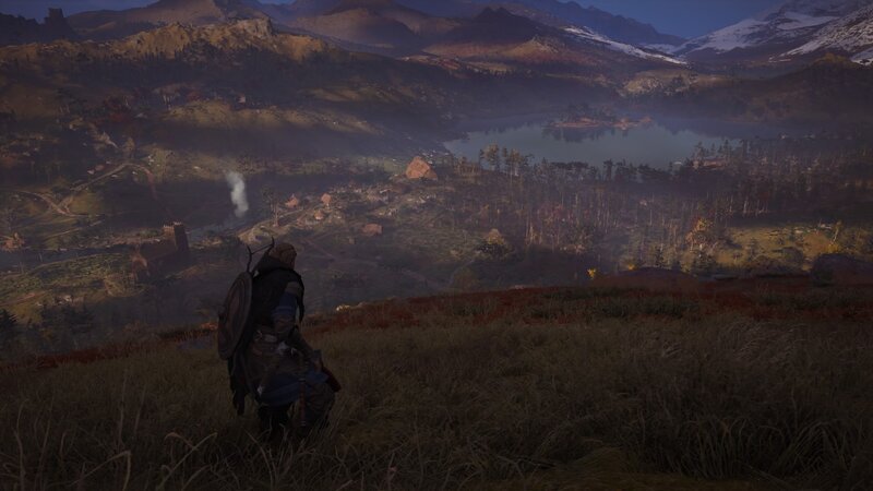Character Overlooking Village — Brown, Serene