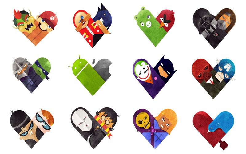 Character pairs in heart shapes