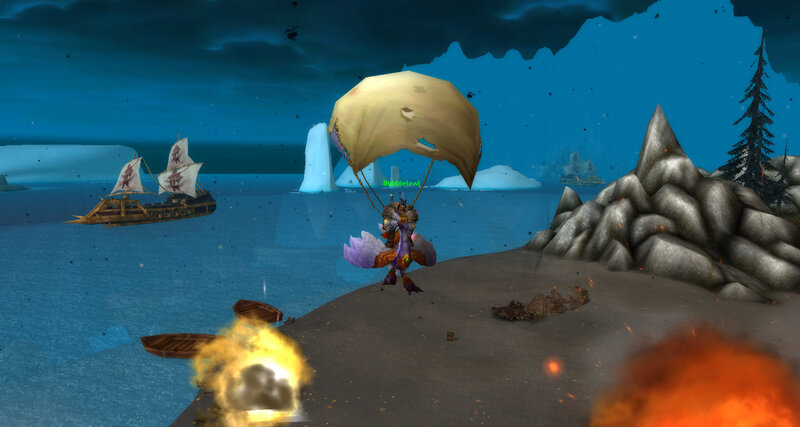 character parachuting onto shore