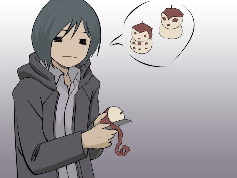 character peeling an apple