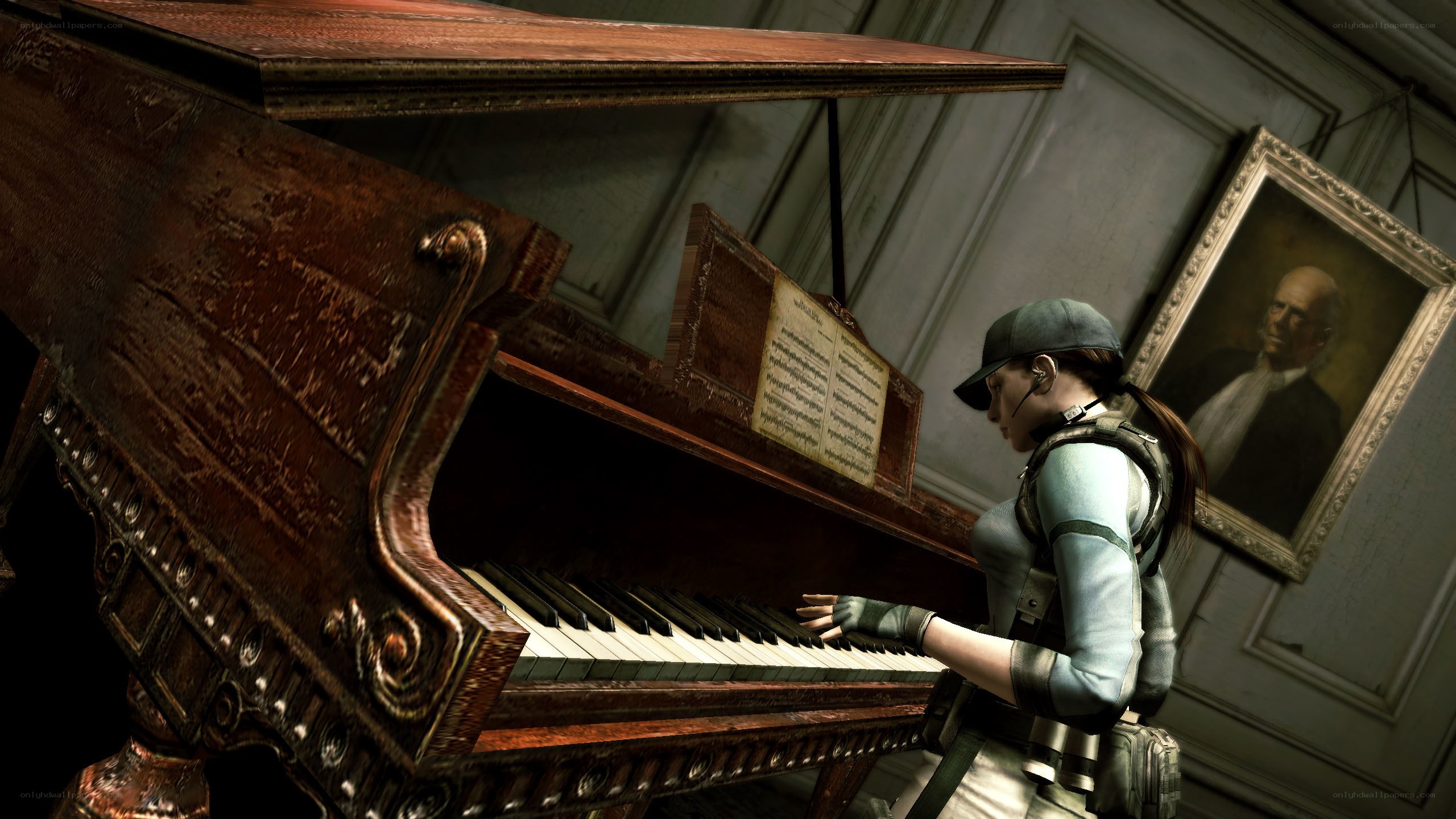 character playing piano in room
