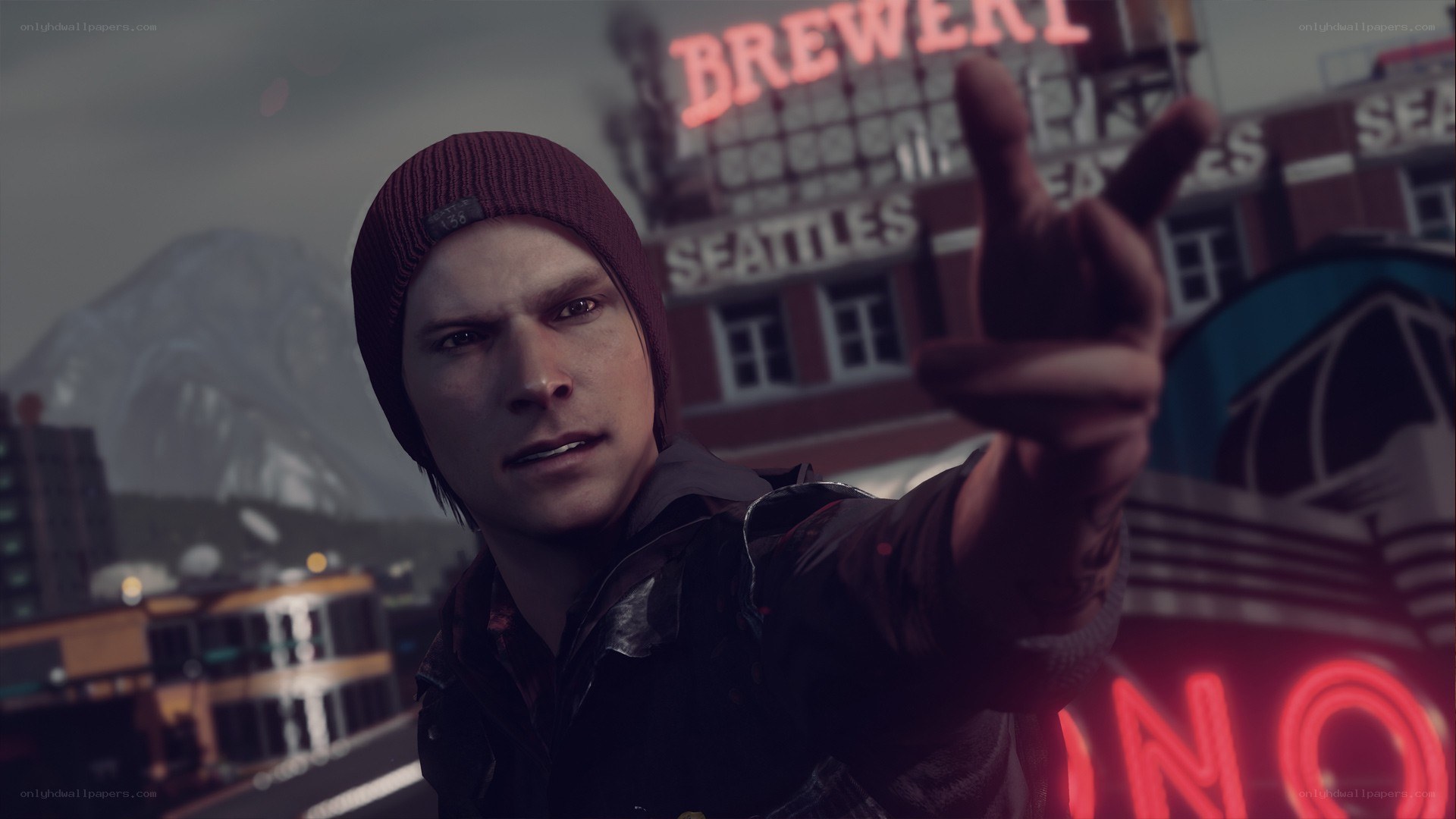 character pointing in city
