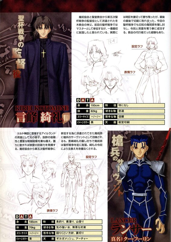 Character profile sheet for Kirei Kotomine and Lancer