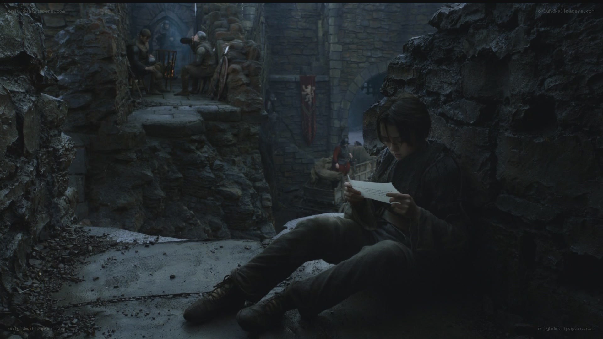 Character reading letter in castle