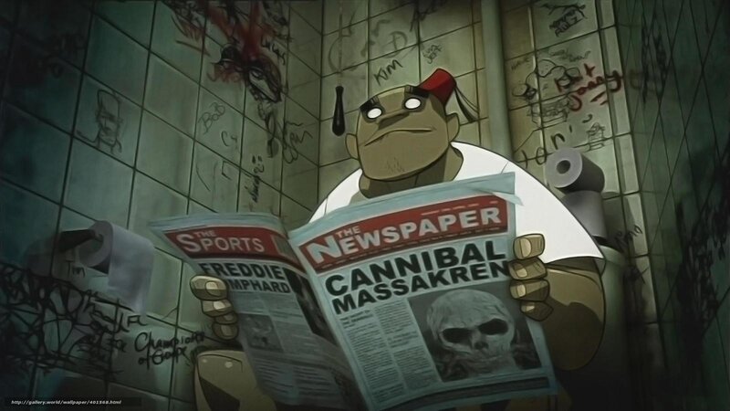 character reading newspaper