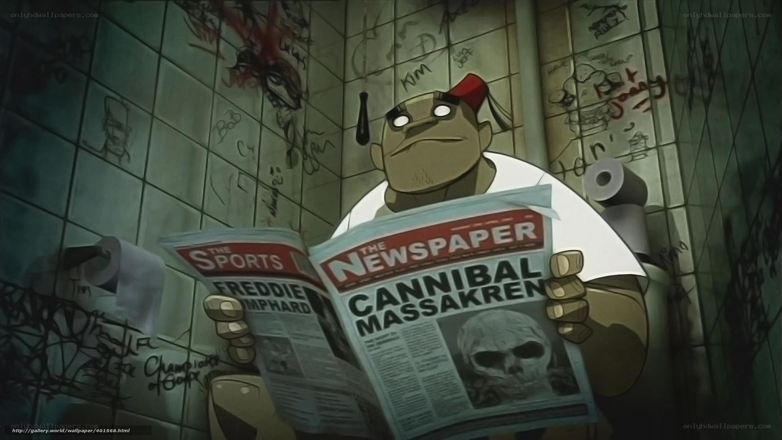 character reading newspaper