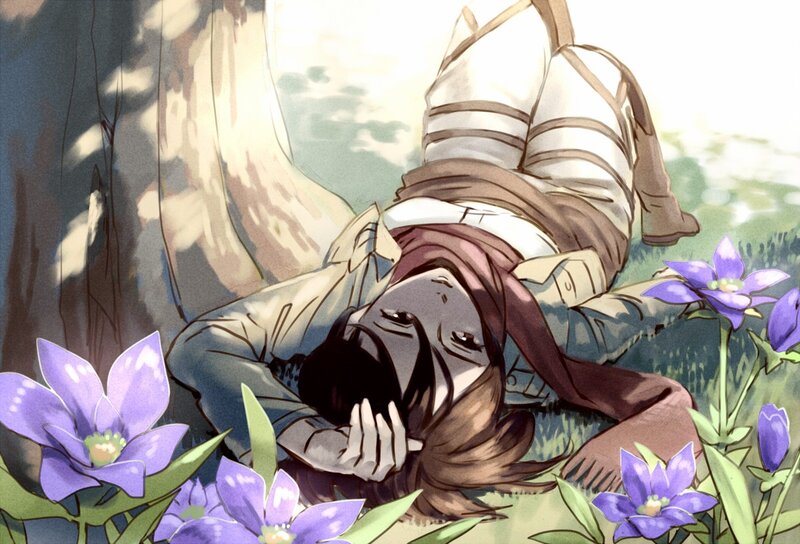 Character resting in a field