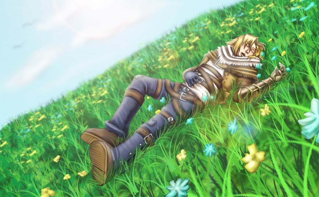 character resting in a field