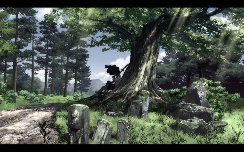 Character resting in a forest