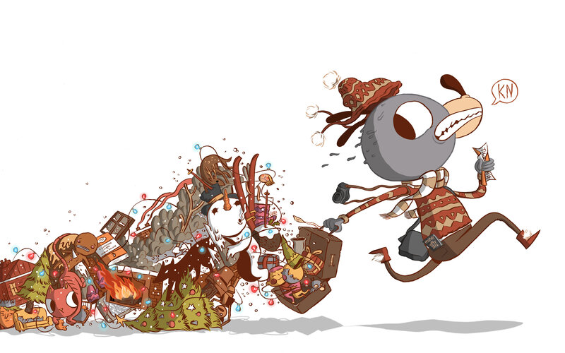 character running with luggage