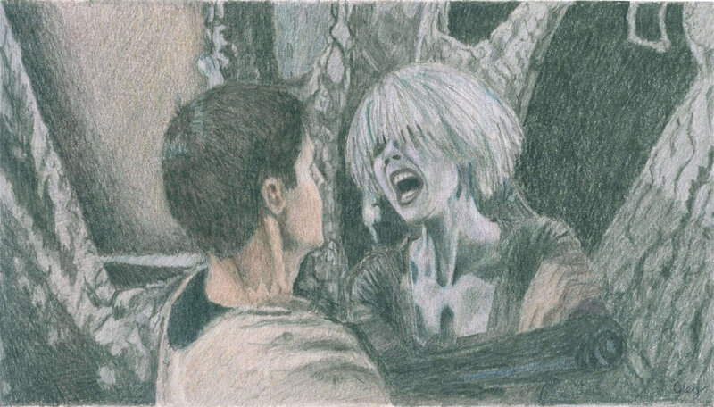 Character screaming in a cave