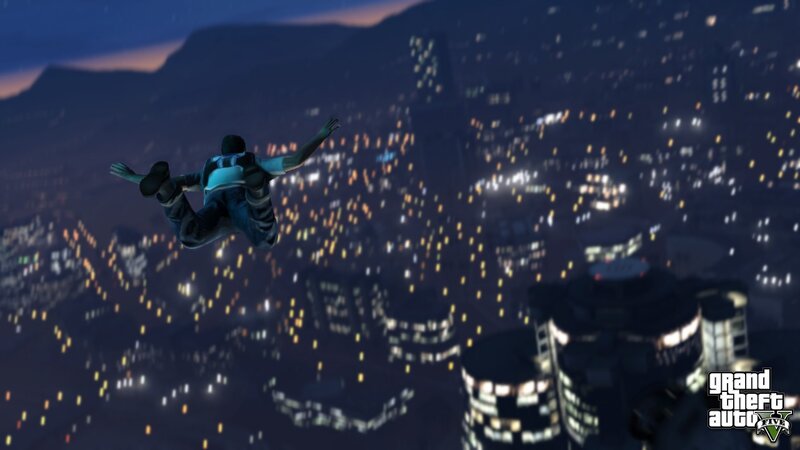 character skydiving over city