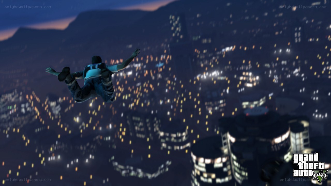 character skydiving over city