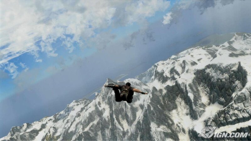 character skydiving over mountains