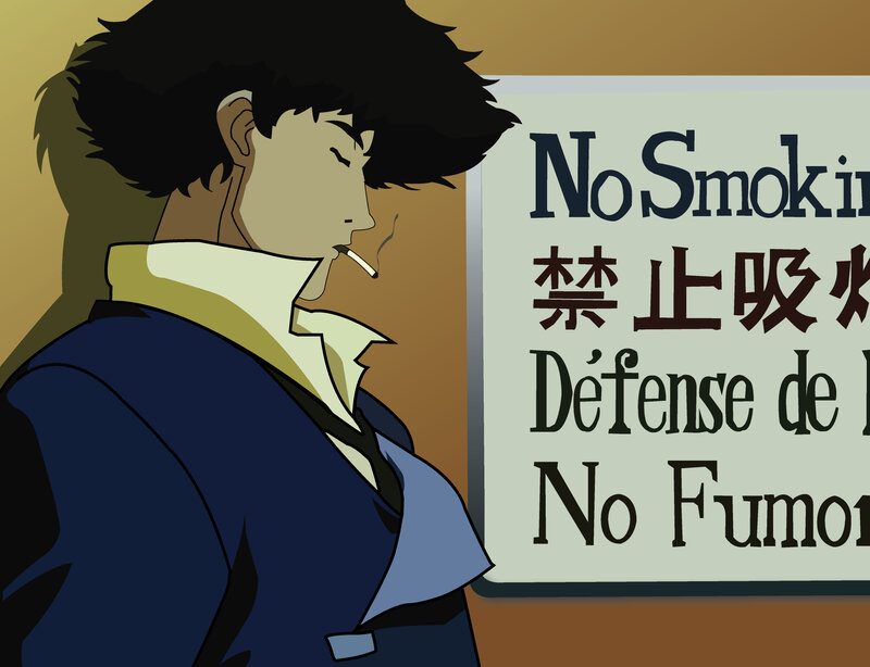 character smoking near sign